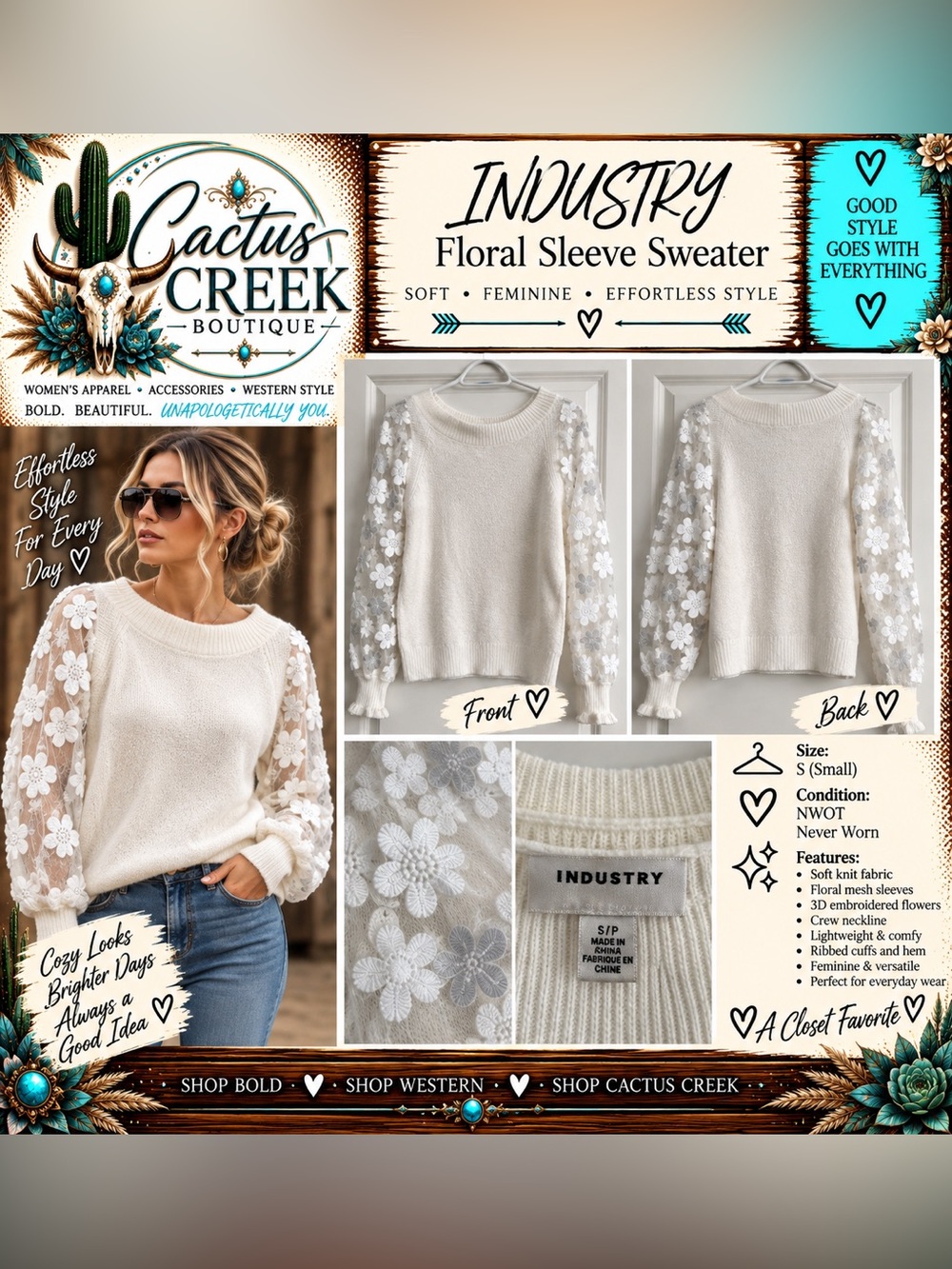 INDUSTRY Cream Floral-Sleeve Crew Neck Sweater